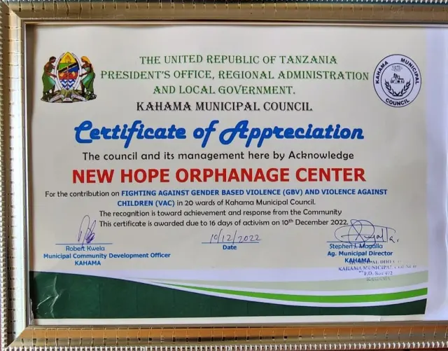 Certificate of Appreciation from Kahama Municipal Council to New Hope Orphanage Center, dated 10 December 2022